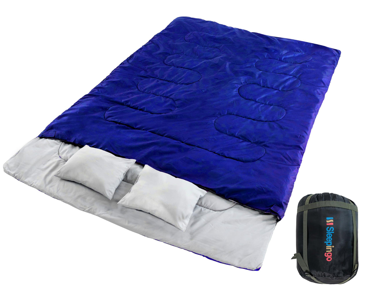 Double Sleeping Bags for Adults – Waterproof Queen-Size 2 Person Sleeping Bag with Pillows for Camping, Backpacking, Hiking, or Truck Use – Warm, Lightweight, and Convertible into Two Singles – Blue