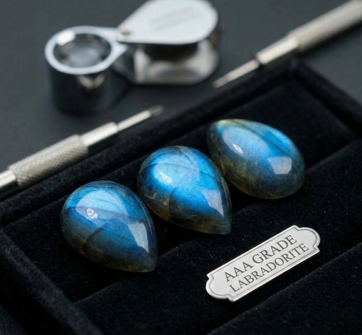 Myhealingworld Natural Calibrated 10x14mm Pear Shape Blue Fire Labradorite Cabochon Loose Gemstone 3pcs box. For Healing Wellness and Jewelry Making.