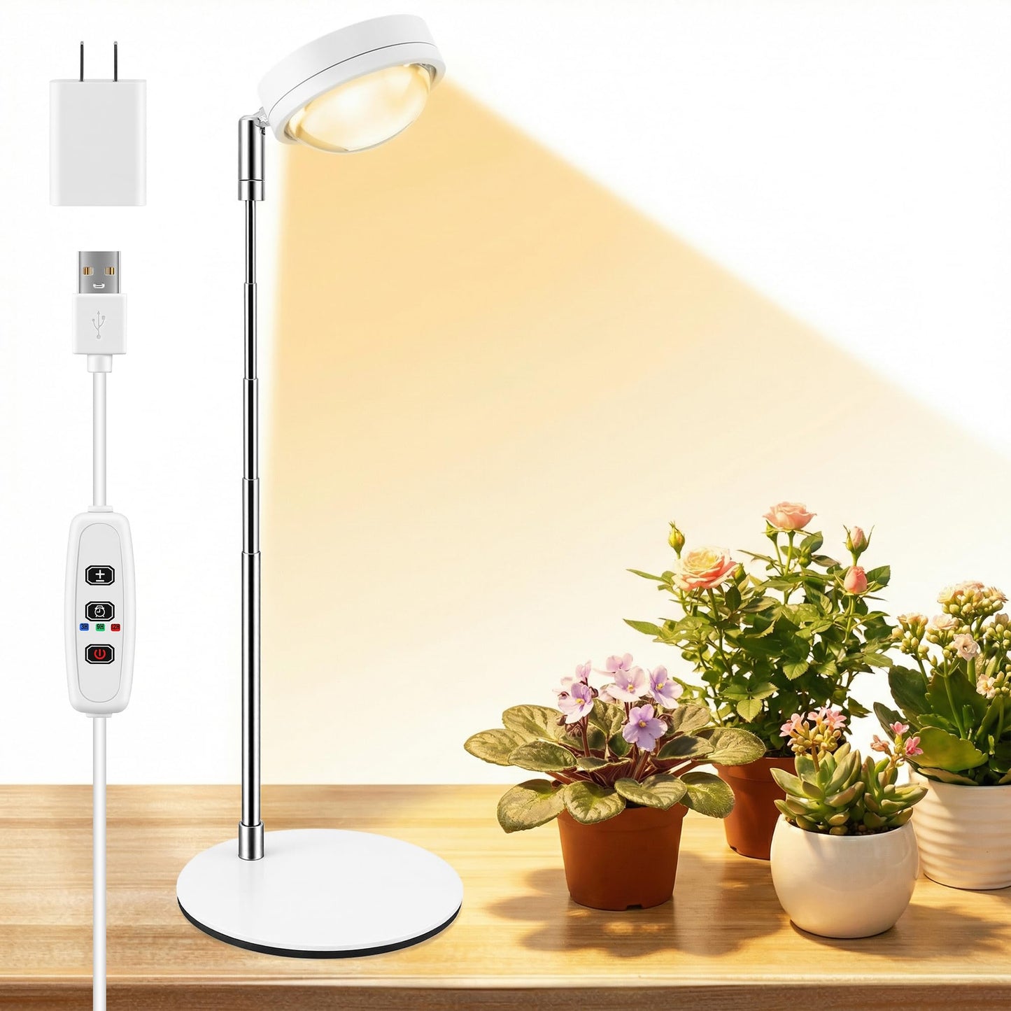 Tmsluody Plant Grow Light, Full Spectrum Grow Lights LED Spotlight with Metal Base, Desk Plant Growing Lamps with Auto On Off Timer 3/9/12H, 6 Brightness Levels, 9.8-25.6'' Adjustable Height