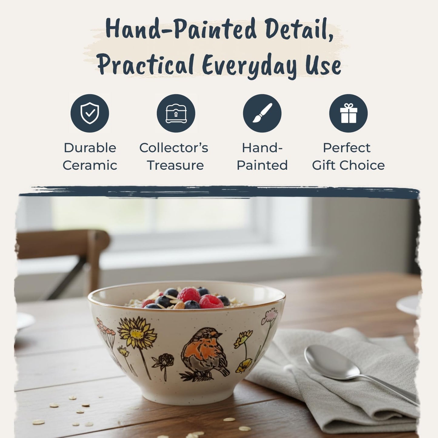 Blue Sky Clayworks Wildflower Bird Ceramic Bowl, 6" Diameter, Hand Painted Songbird and Floral Design