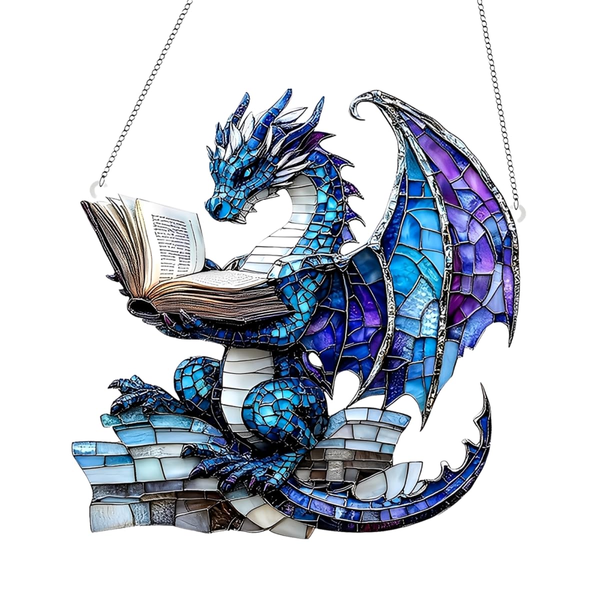 1PC Blue Dragon Reading Acrylic Suncatcher Hanging, 7.08 inch Window Decor with Printed Stained Glass Style Design, Rainbow Maker Wall Art, Gift Idea & Garden Ornament Indoor Outdoor Use/DW-17