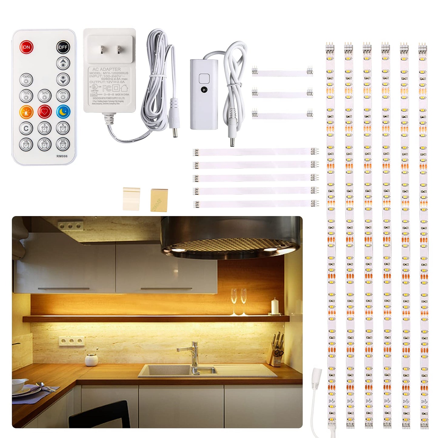 WOBANE Under Cabinet LED Lighting Kit, 6 PCS Dimmable LED Strip Lights with Remote Control Dimmer, 24W Adapter, Hidden 2700K Warm White Set, Bright 1500lm, Timing, Kitchen, Counter, Shelf, Showcase