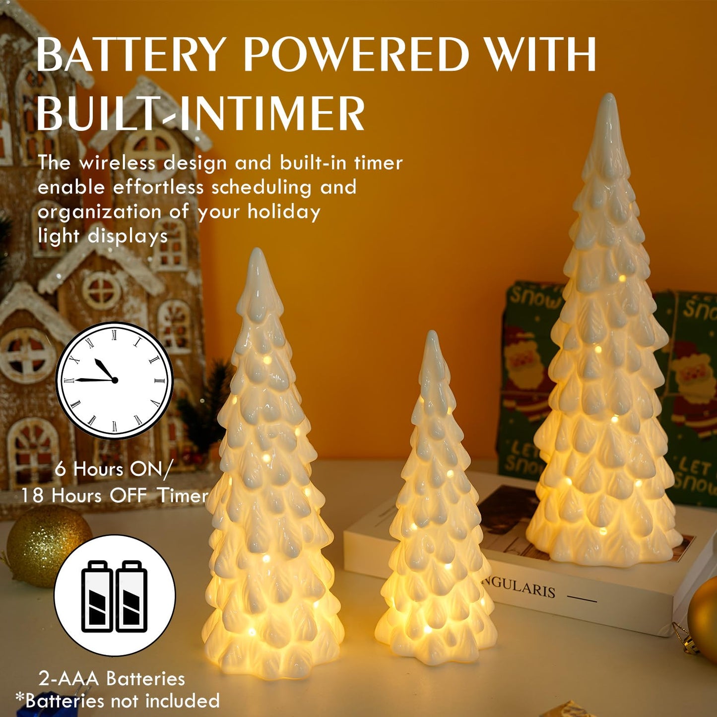 Luxstyra 3 Pcs White Ceramic Christmas Trees with Lights, Table Top Christmas Decor, Porcelain Tree Figurine with Timer, Small Ceramic Christmas Trees Set, White Tabletop Christmas Tree for Mantel