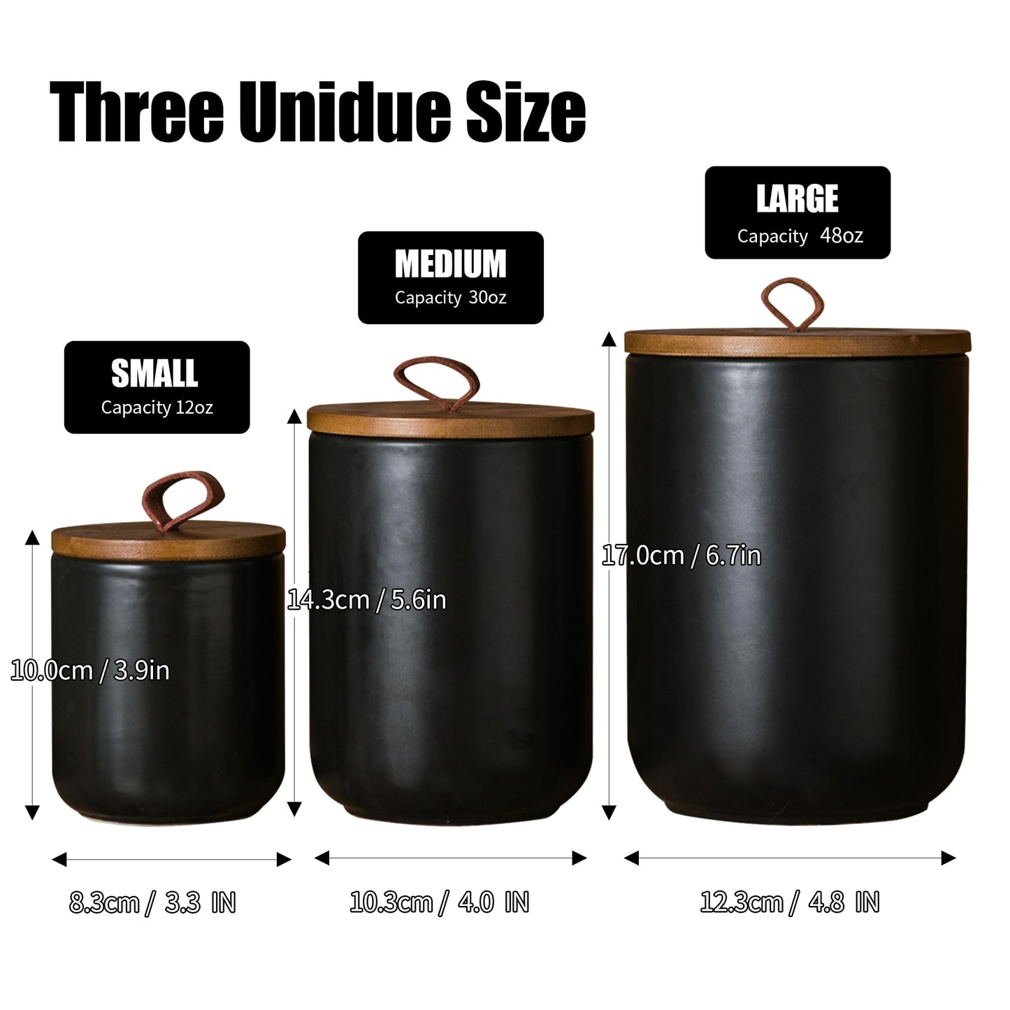 JOJUNO Black Ceramic Canister Set with Wooden Lid, 3-Piece Airtight Food Storage Jars for Kitchen Counter - Flour, Sugar, Coffee, Tea, Spice - Small, Medium, Large Sizes