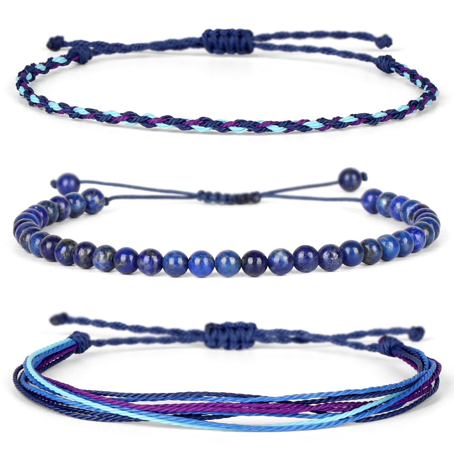 QOGIR Handmade Healing Bracelets for Women,4mm Natural Lapis Lazuli Gem Stone Beads Bracelet,for Men Women Gifts with 2PCS Size Adjustable Rope Bracelets