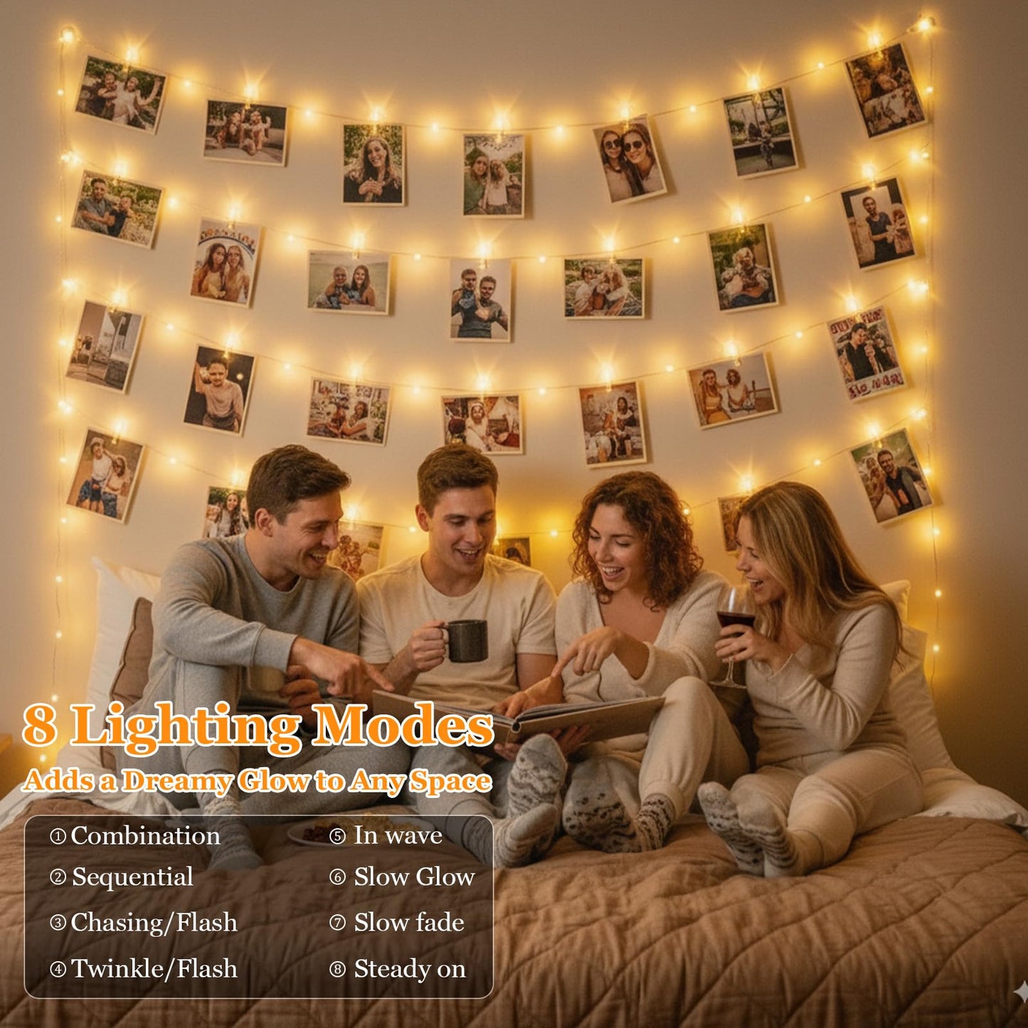 Lakumu Rechargeable Photo Clips String Lights with 8 Modes, 50 Clips 20 Hooks, 17ft 50 LED Fairy Lights with Timer for Wall, Girls Room Decor, Bedroom, Christmas, Party, Wedding