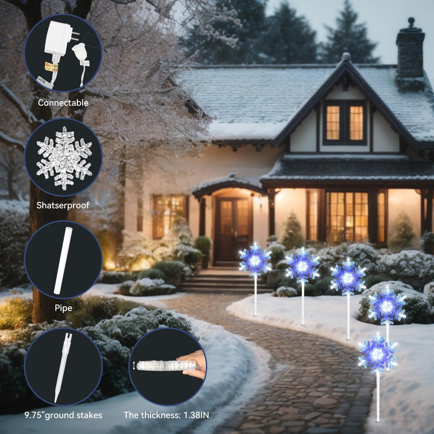 Snowflake lights outdoor 3D Crystal Cool White and Blue Chasing Led 9 ft set of 5 Yard Stake Snowflake Christmas Pathway Lights Connectable Christmas Decorations Outside for Yard Path Lawn Patio Decor