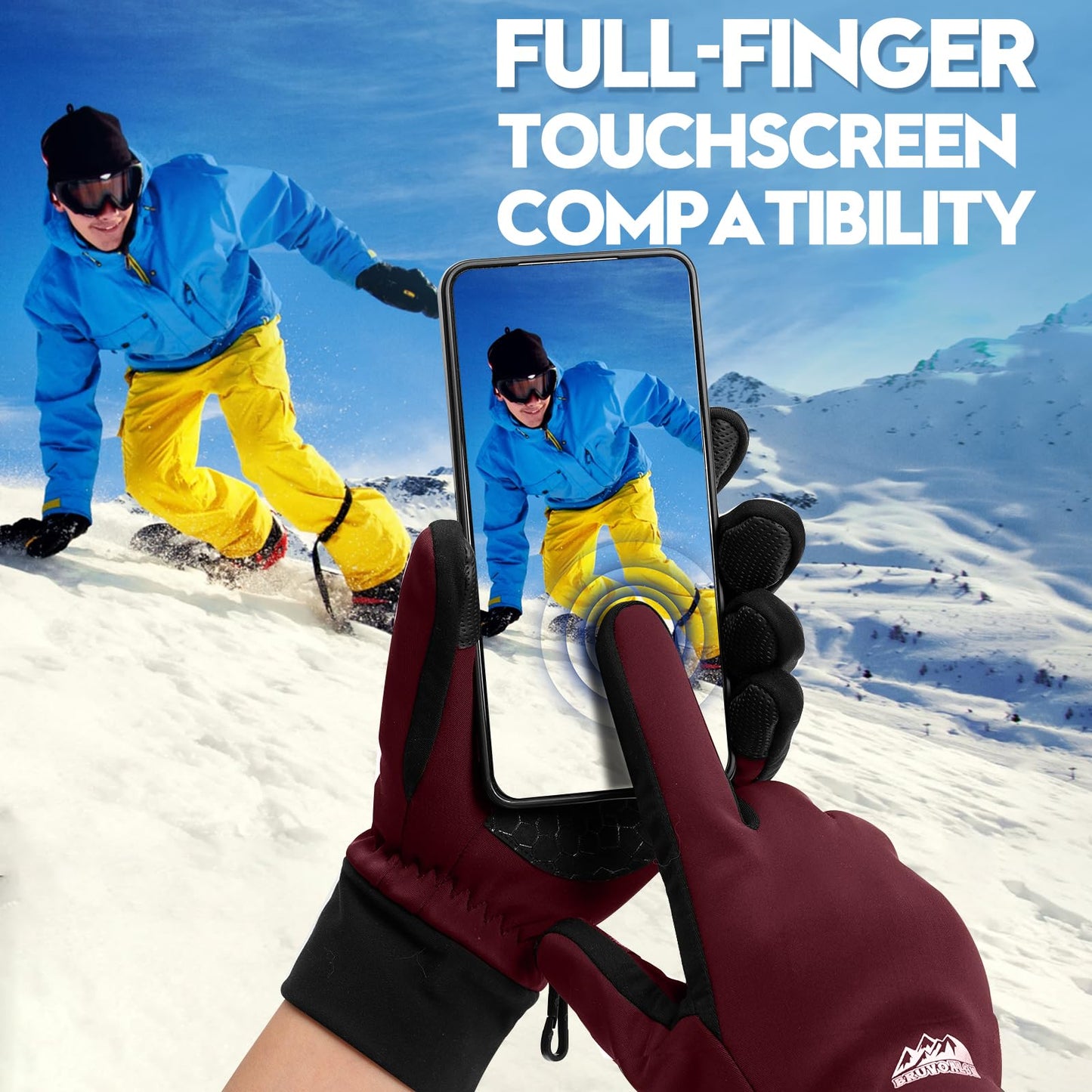 Bruvoalon Winter Gloves for Women & Men, 3M Thermal Insulation, Lycra Fabric, Touchscreen, Anti-Slip, Burgundy, L