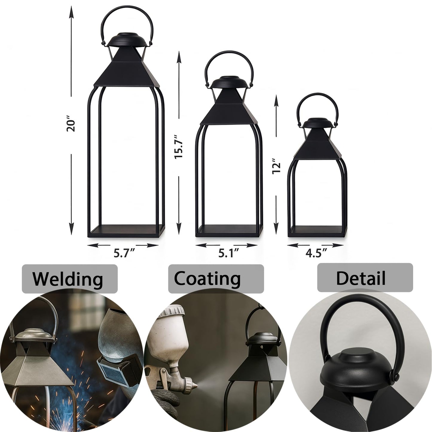 Decorative Metal Lanterns Indoor Outdoor, Candle Holder for Porch, Patio, Fireplace, Floor, Wedding, Christmas, Fall, Holiday, Farmhouse Table Centerpiece (Black, Set of 3 20" 15.7" 12")