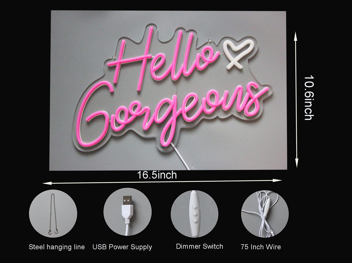 Hello Gorgeous Neon Sign Hello Beautiful Pink LED Neon Lights for Home Wedding Birthday Backdrop Bacelorette Party Wth Dimmable Switch(5V,16.5X10.6inches)