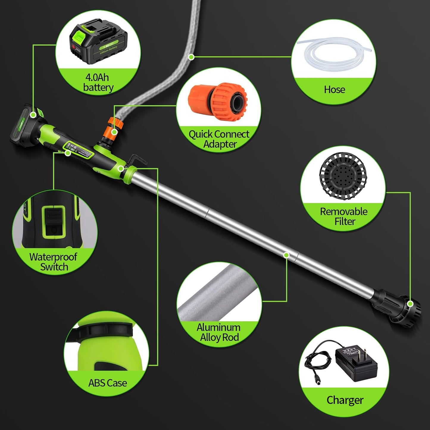 Cordless Stick Water Transfer Pump, Stick Transfer Pump 4.0Ah 21V Battery Powered Portable Water Pump, 720GPH, 33FT Head, Stick Pump Utility with 3/4" Outlet, for Pool/Garden/Rain