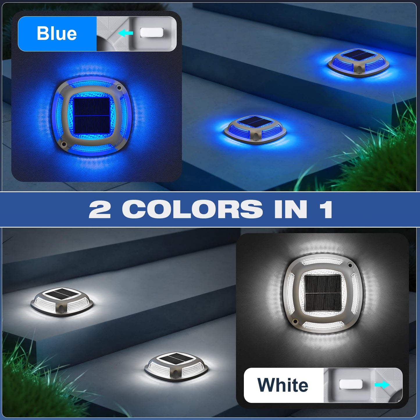 VOLISUN Solar Driveway Lights 12 Pack Waterproof Dock & Deck Marker Lights,2-in-1 Blue & White LED,IP67 Wireless Outdoor Solar Light for Driveways,Sidewalks,Pathways,and Yards