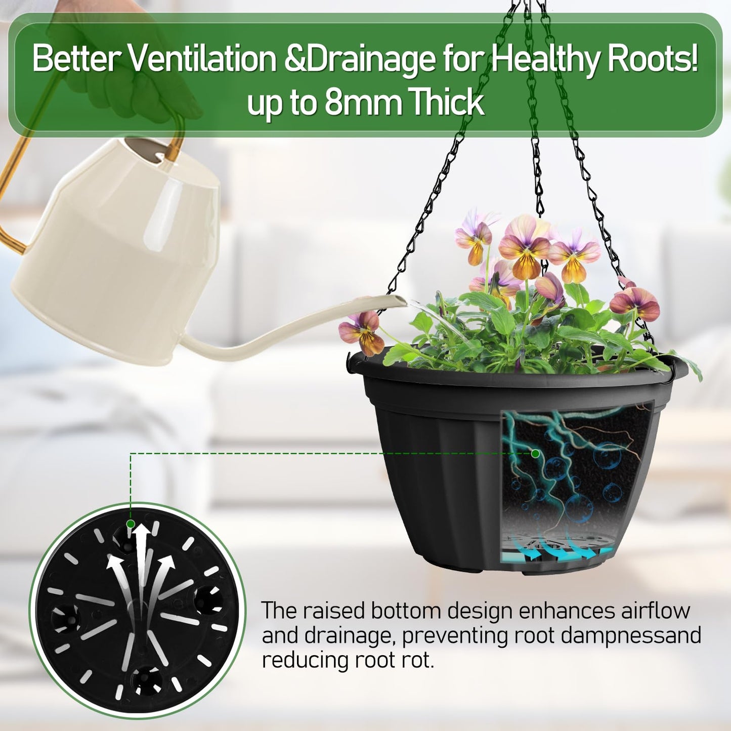 FGstyle 6 Pack Hanging Planters 8 Inch,Self Watering Pots for Indoor Plants,Plastic Hanging Basket with Soil Elevator and 20" Chain for Home Garden Porch Balcony Patio Decor(Black)