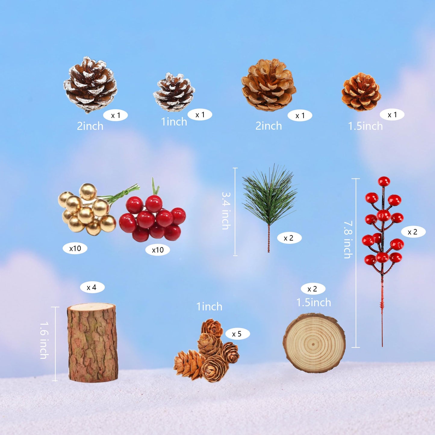 48PCS Christmas Miniature Figurines Mini Resin Christmas Ornaments Kit with Snowman Santa Claus Trees Wooden Display Stand Pine Needles Trees Cones Theme for DIY Xmas Decor Fairy Garden
