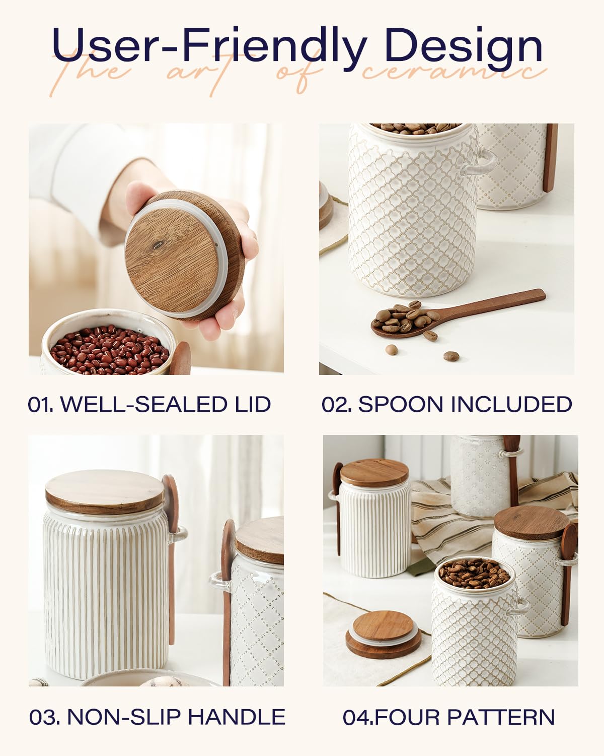 getstar Small Canisters Sets for the Kitchen, 20 oz Sugar Coffee Tea Storage Containers, Ceramic Kitchen Canisters for Countertop Set of 4 with Airtight Lids and Teaspoons