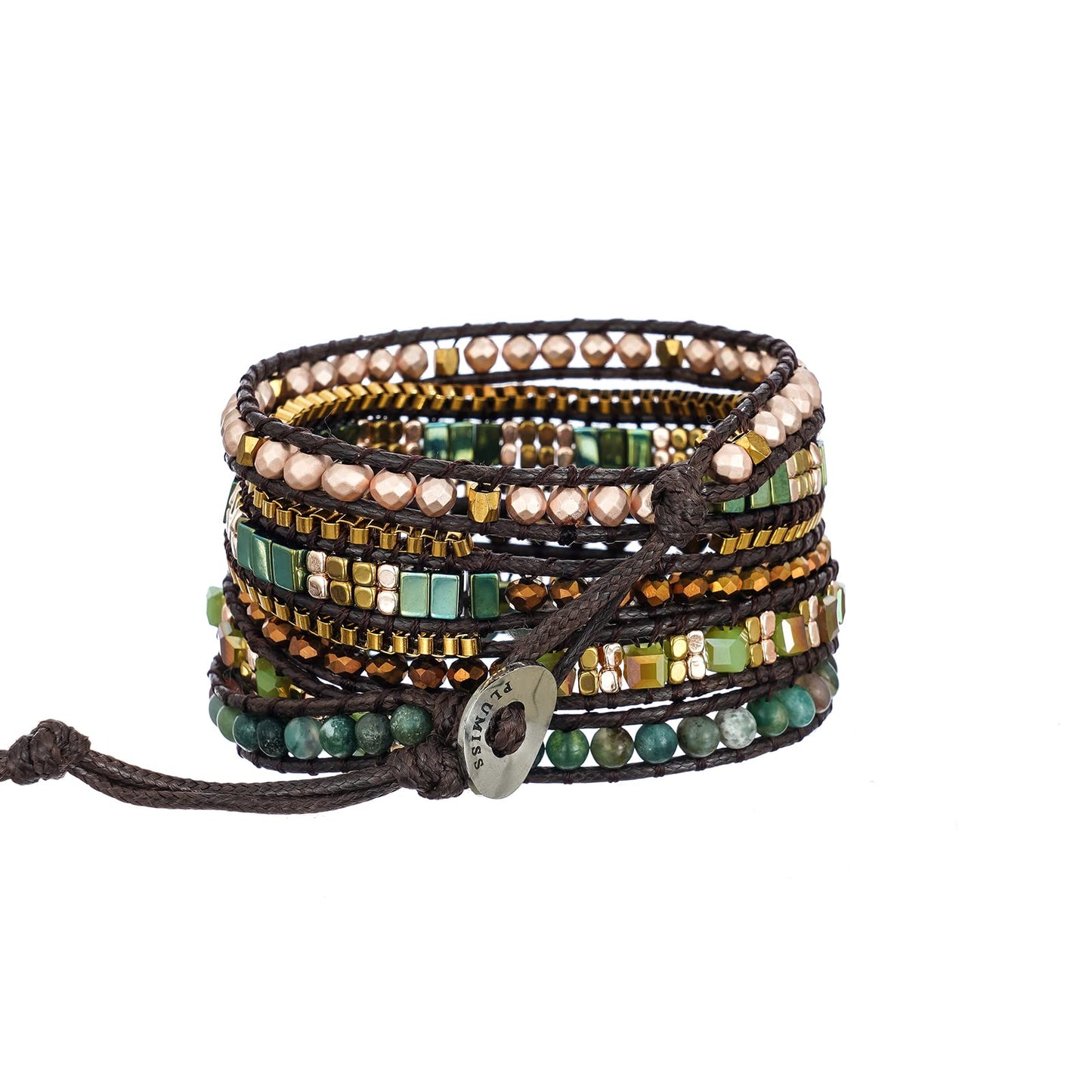Plumiss Boho Handmade Green Stylish Natural Stone Crystal Hematite Stainless Steel Chain Mixed 5 Wrap Bracelet for Women Men