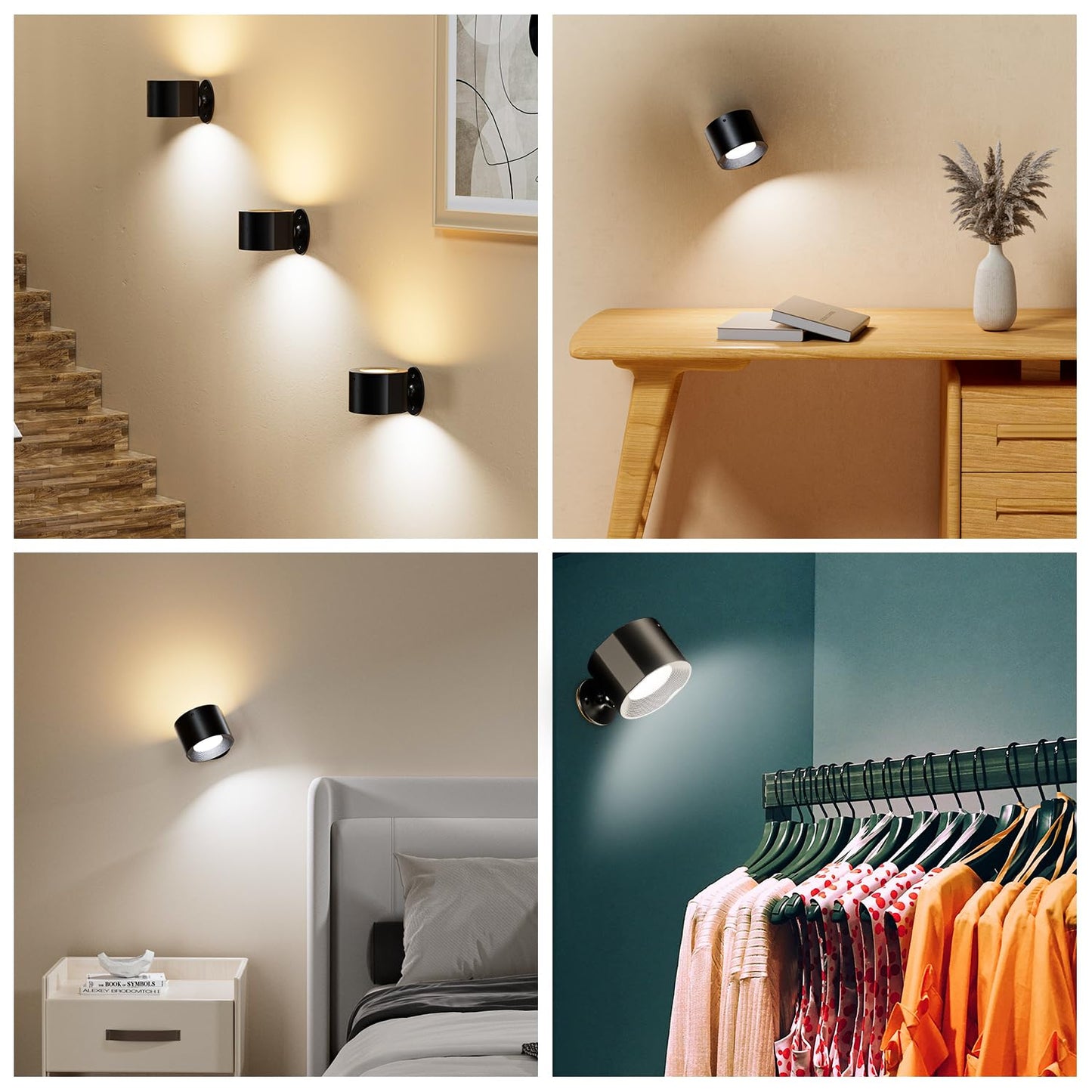 Black Rechargeable wall lamp, Black LED wall lamp, 360° Rotating, dimmable, Wireless wall lamp, Suitable for bedrooms, Studies, Living Rooms, Bedside Tables, etc. (Two-Pack)