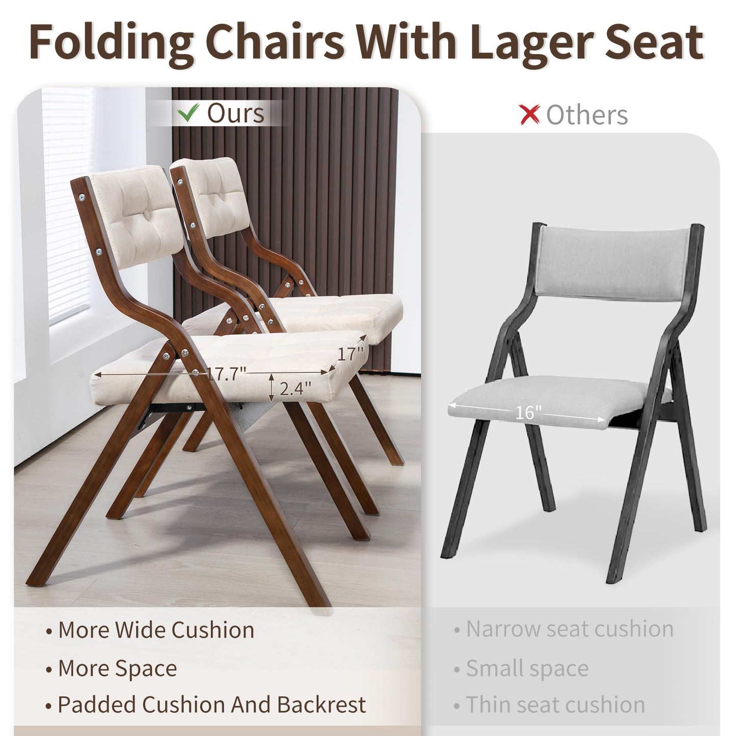 HOMEFUN Folding Chairs with Cushion, Wooden Padded Foldable Chair 2 Pack, Portable and Assembled Seat for Guests Kitchen Office Wedding and Party, Camel