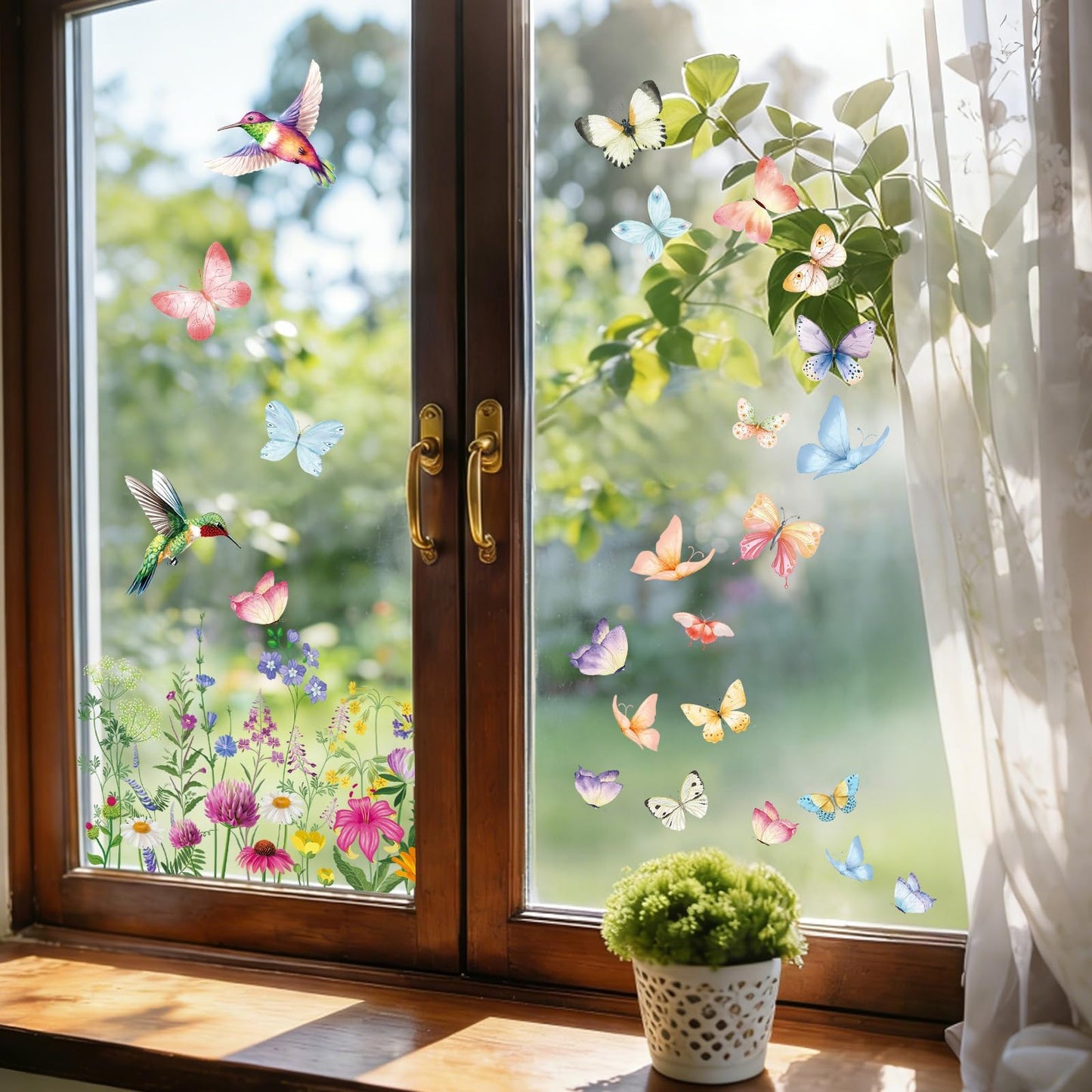 AhfuLife 9 Sheets Spring Window Clings, Larger Spring Flower Floral Butterfly Bird Window Stickers for Glass, Home, Office, School Party Decoration Spring Theme Supplies