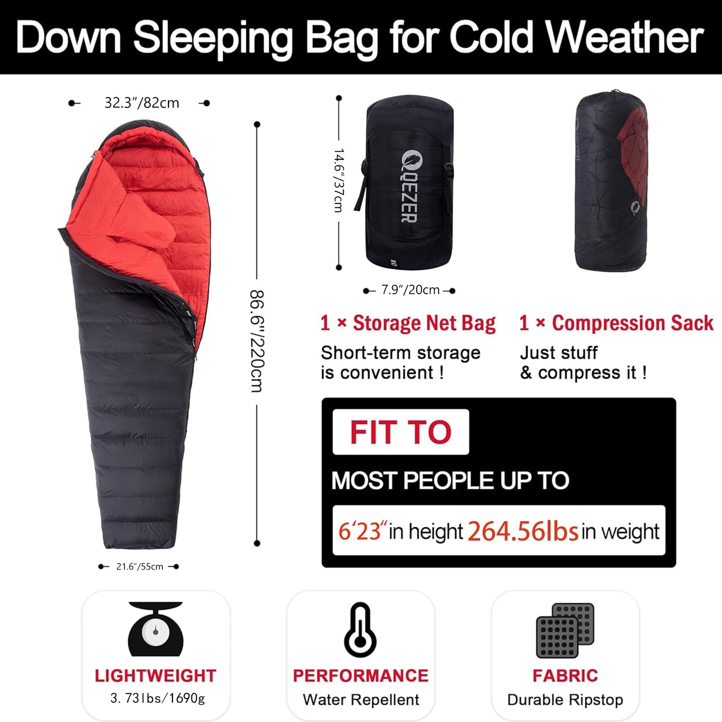 QEZER Ultralight Down Sleeping Bag for Adults with 600 Fill Power, Compact All Seasons Sleeping Bag for Backpacking, Hiking and Camping