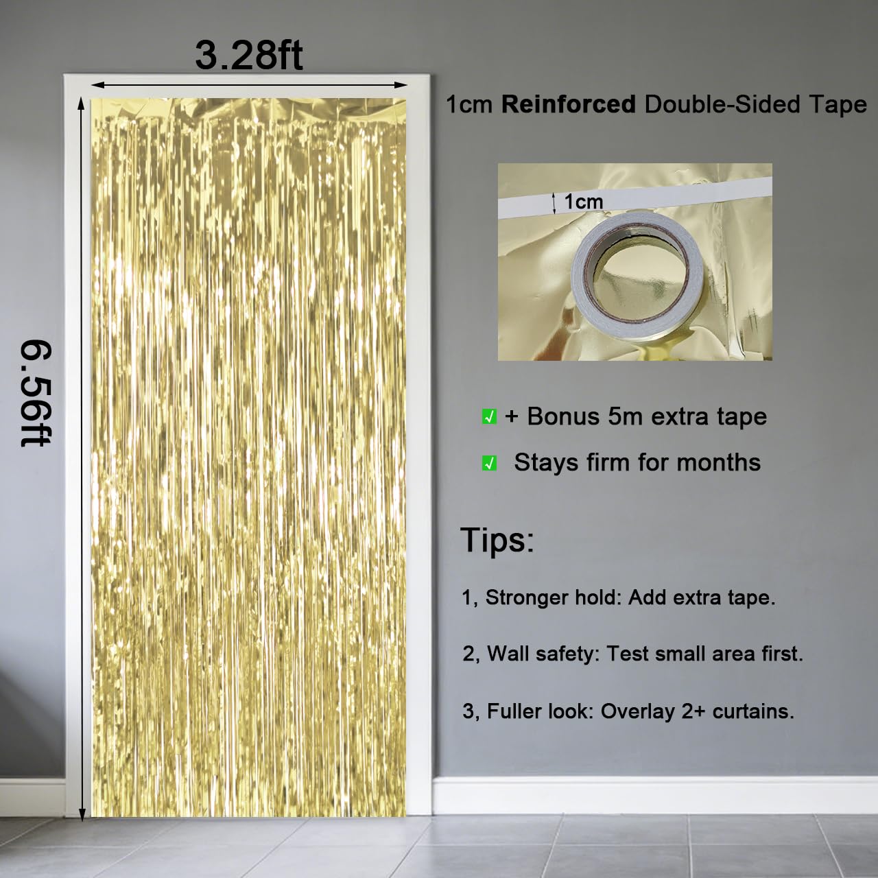 2 Pack Thickened Light Gold Metallic Foil Fringe Curtains Streamer Rip Resistant Shimmer Tinsel Photo Booth Backdrop for Birthday Wedding Christmas Bachelorette Party Decorations 3.28ft x 6.56ft