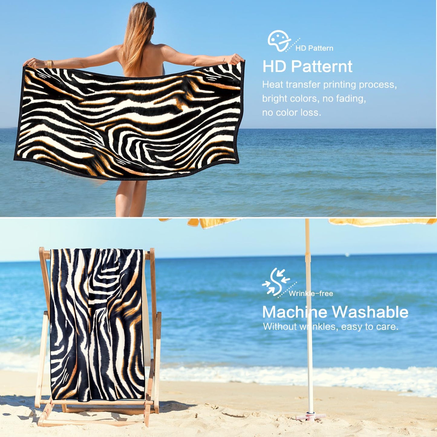 Vimorco Leopard Beach Towel Cheetah, Zebra Beach Towel Animal Print, Cotton Blend Soft Velour Camping Towel for Women Girls Kids, Absorbent Pool/Bath/Swim/Yoga/Spa/Gym/Hiking/Travel Vacation Towel