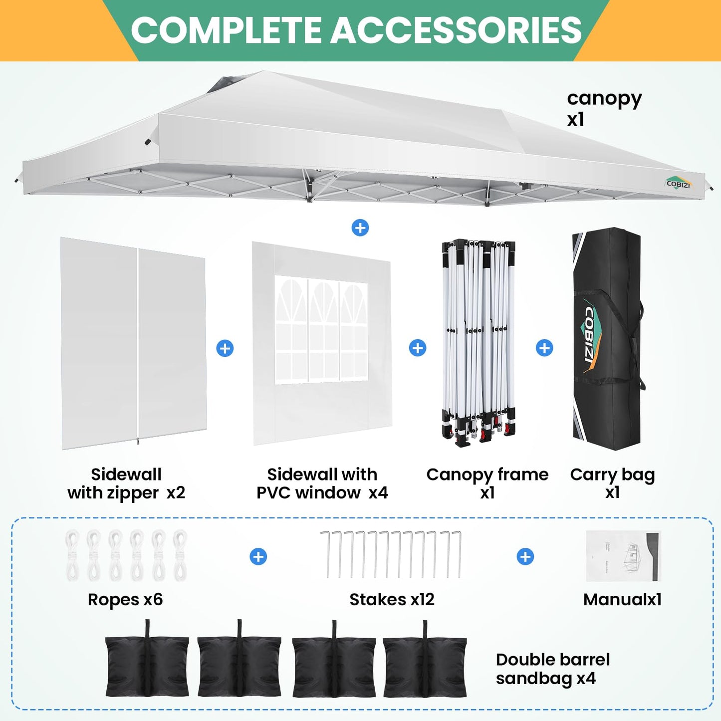 COBIZI 10x20 Pop Up Canopy Tent, One Push Easy Up Gazebo with 6 Removable Sidewalls & Air Vent, Waterproof UV50+ Commercial Canopy with 4 Sandbags, Stakes & Ropes for Parties/Camping/Backyard,White