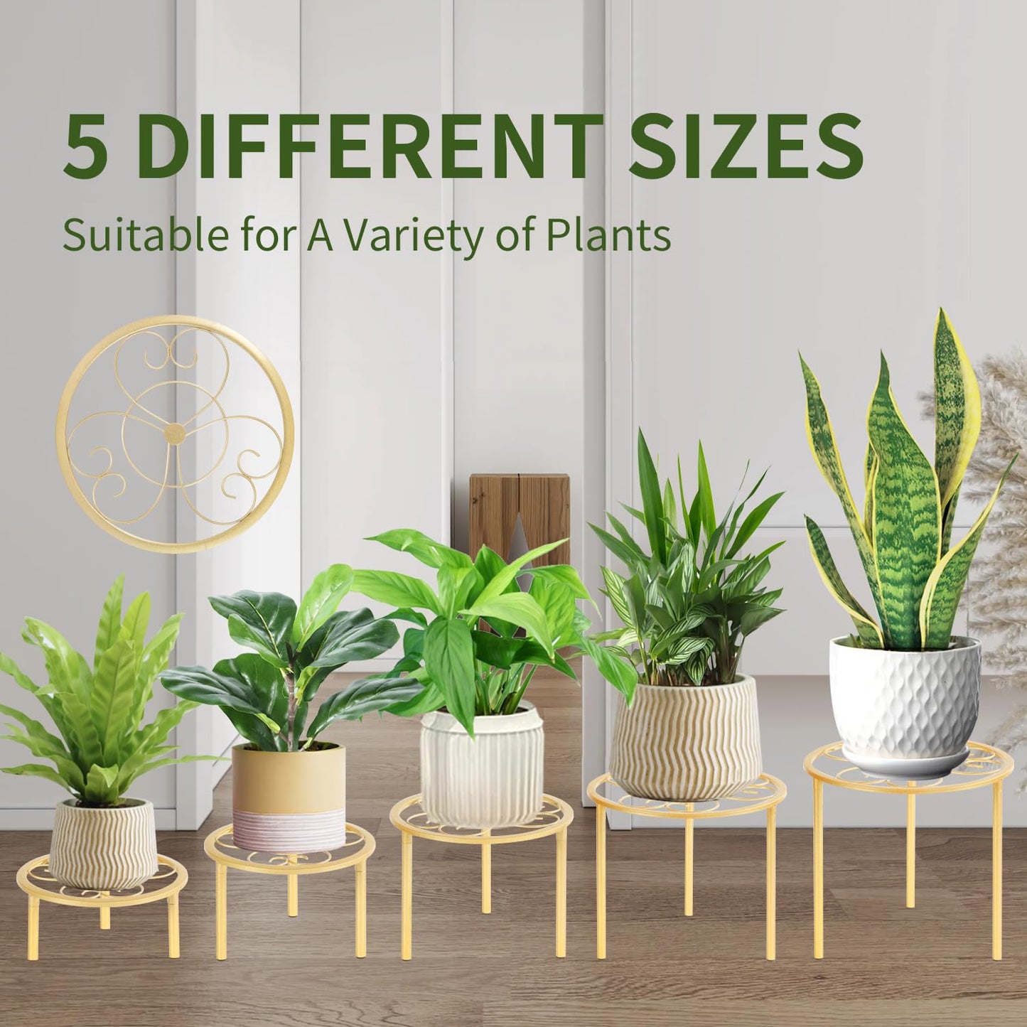 mekpiwu 5-piece set of metal plant potted flower racks, heavy-duty flower pot plant racks of different sizes, iron flower racks, suitable for indoor and outdoor home decoration (Black) (5, Gold)