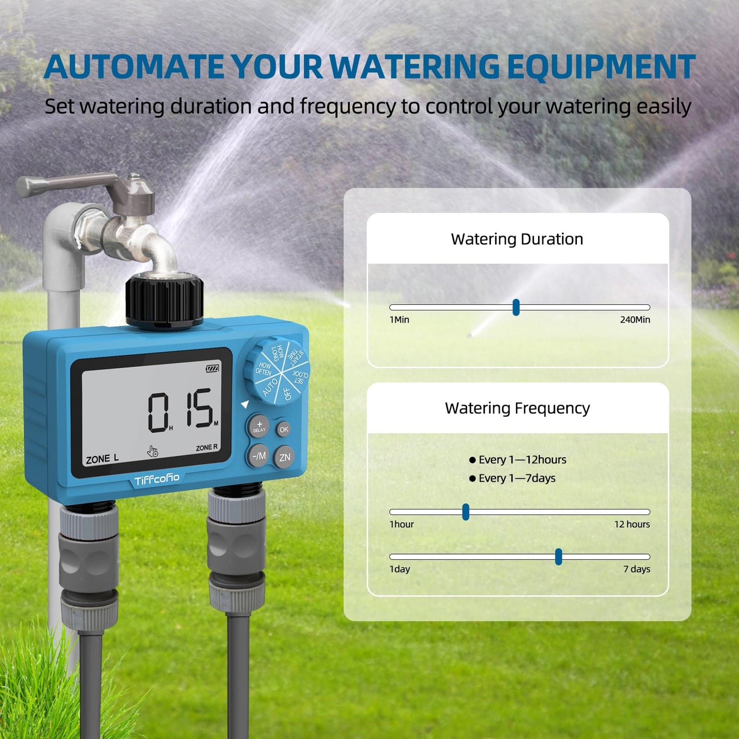 TiFFCOFiO Sprinkler Timer Outdoor, Digital Programmable for Garden Hose, Irrigrtion Timer with Rain Delay and Manual Mode (2 Oulets, 1 Pack)