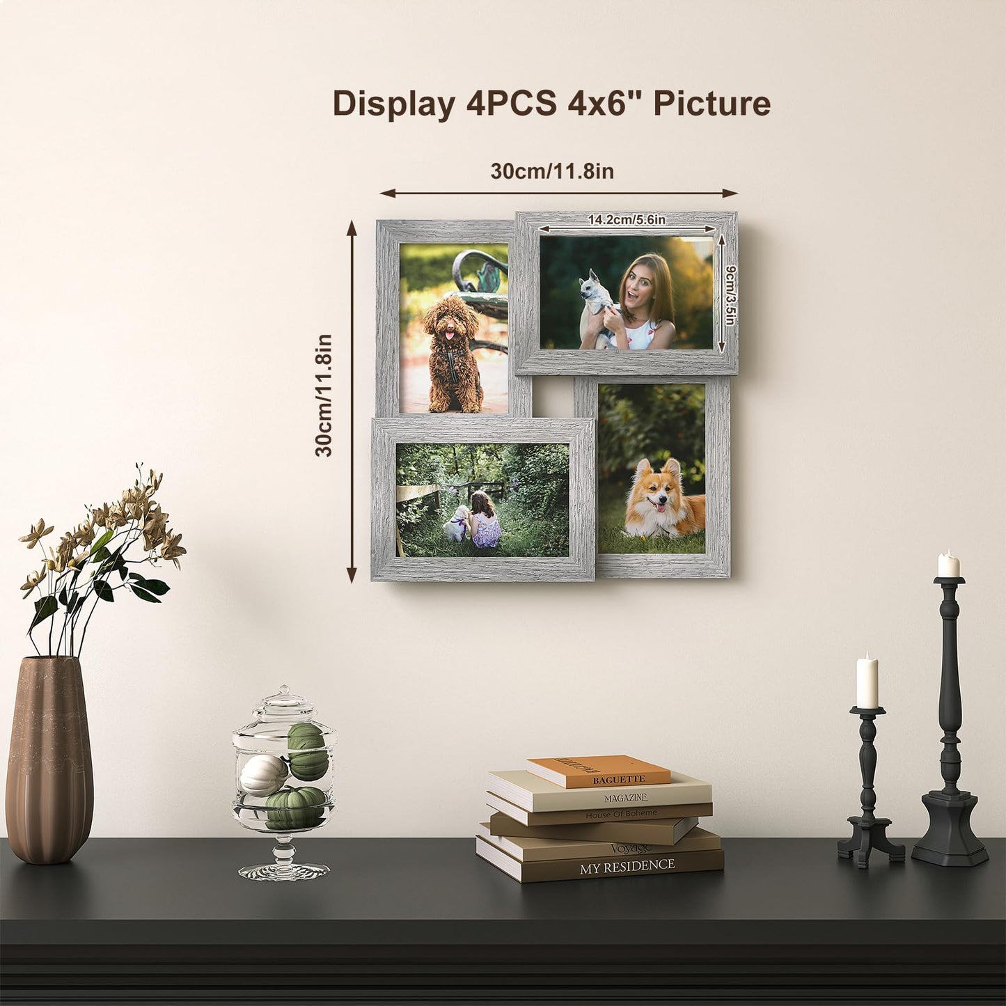 Egofine 4x6 Picture Frame Collage, Family Picture Frame for 4x6 pictures Covered by Plexiglass for Wall Hanging and Tabletop, 4-opening Dimensional Picture Frame for Home Deor, Oak Grey