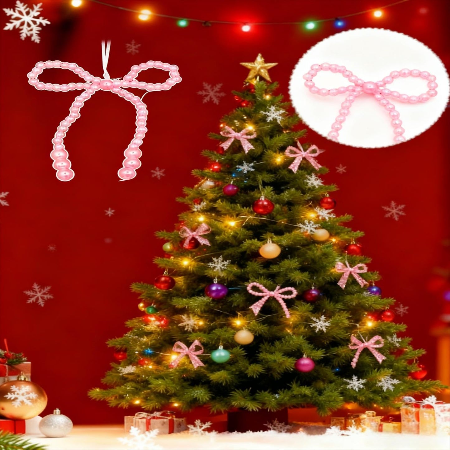 12 Pcs Pearl Bow Christmas Ornaments Pink Bowknot Tree Topper Decor Xmas Hanging Ornament Pendant Decoration