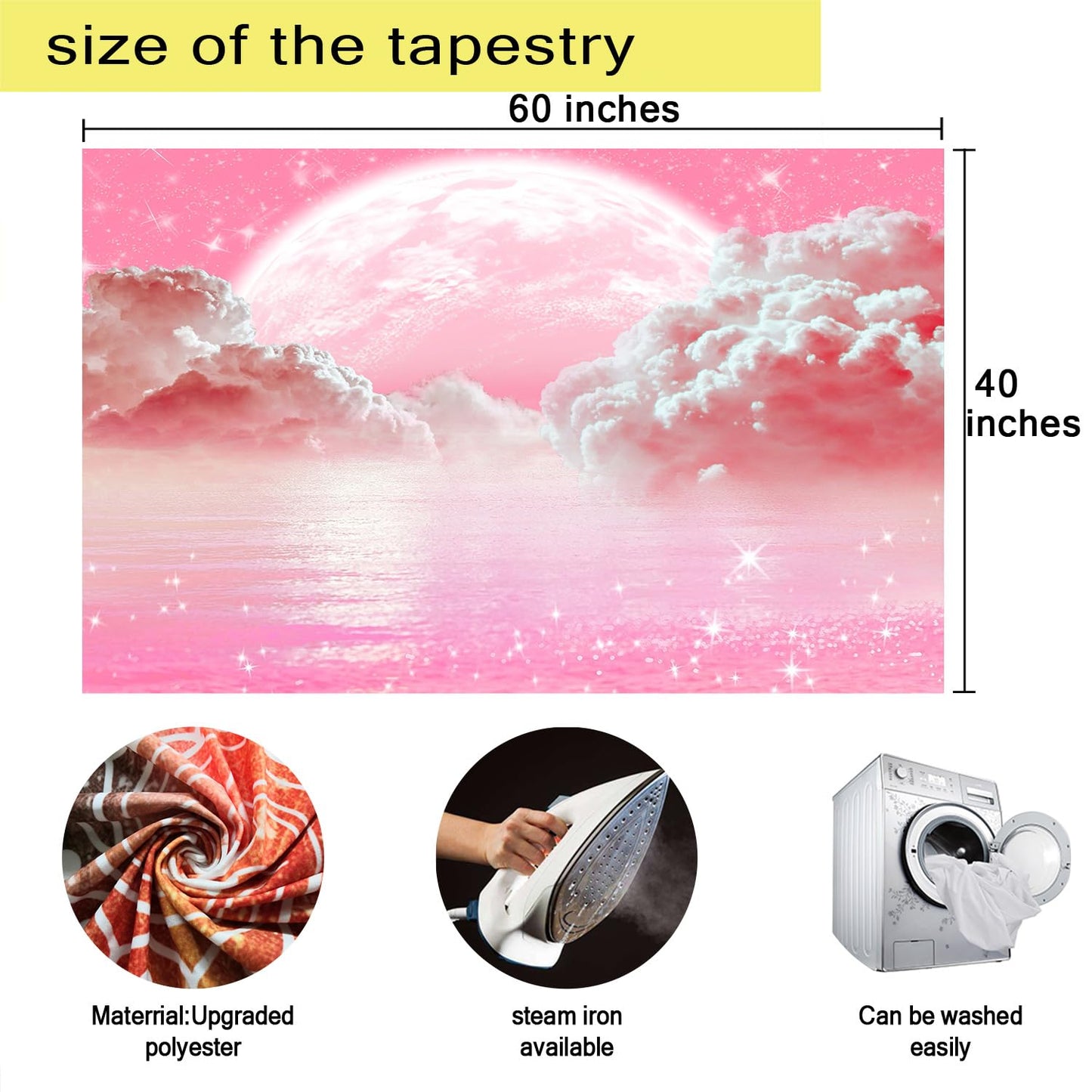 Pink Clouds Sky Tapestry Ocean Moon Stars Nature Landscape Tapestry Fantasy White Cloud Aesthetic Tapestries Wall Hanging for Girls Women Nursery Bedroom Living Room Bedroom Dorm 60X40Inch