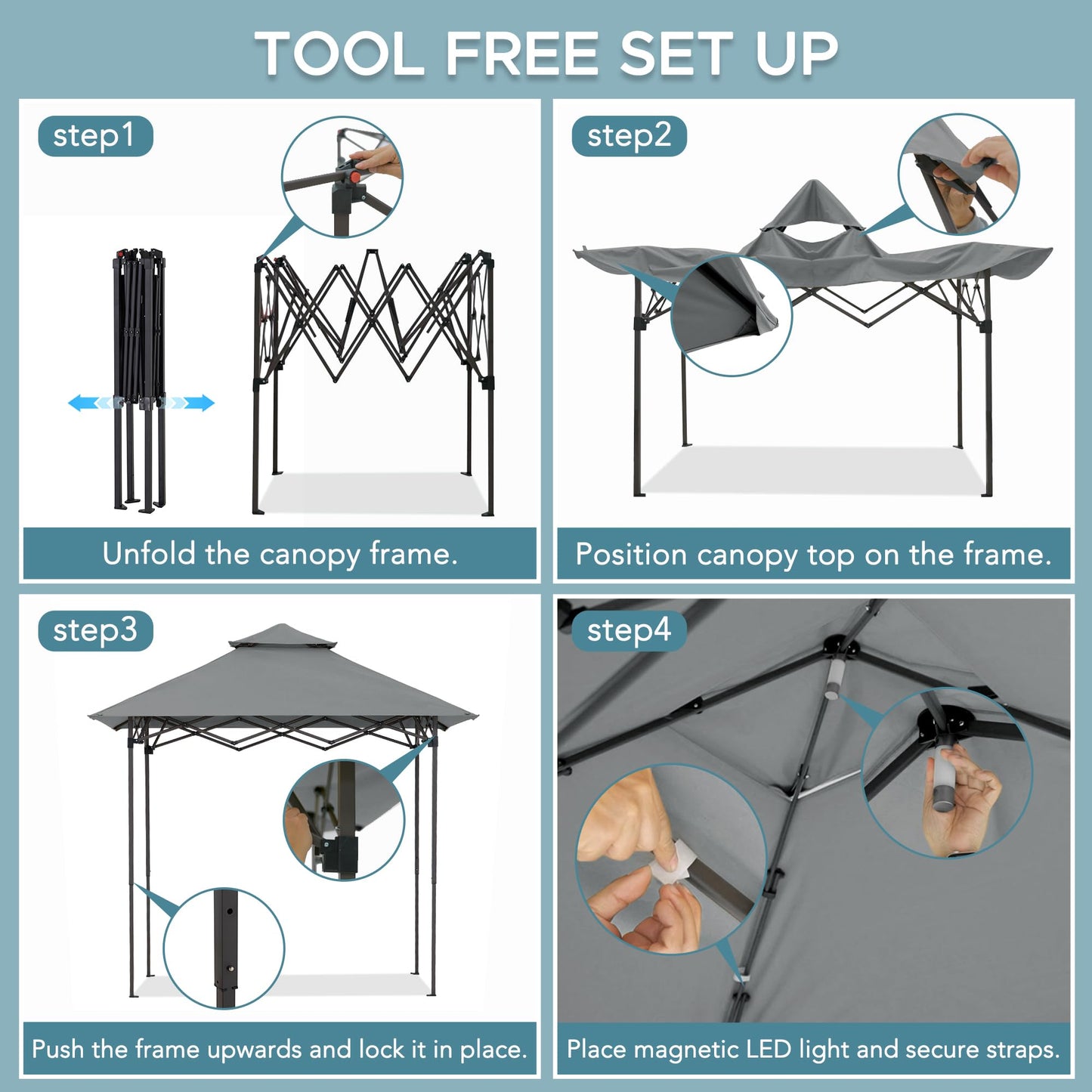 SUNJOY 8 x 5 ft. Grill Gazebo Pop Up Double Tiered Outdoor Gazebo Standing-Height Canopy with Magnetic LED Light, Adjustable Ceiling Height, for BBQ,Picnics, Outdoor Events, Gray