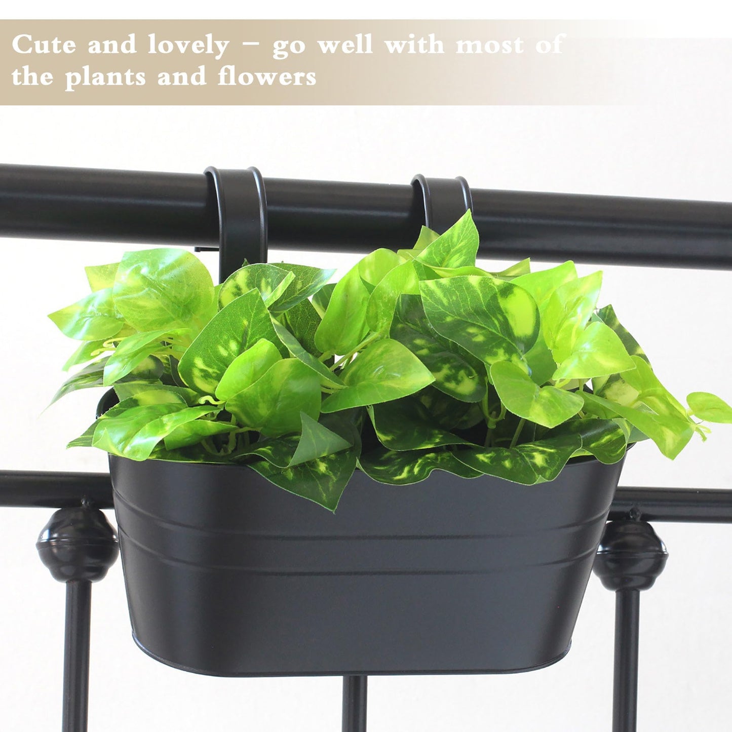 XXFBJNMD 5 Pack 10.6 Inch Metal Hanging Flower Pot Oval Metal Railing Planter Balcony with Detachable Hook Indoor Outdoor Decor for Railing Fence Balcony Garden （Black）