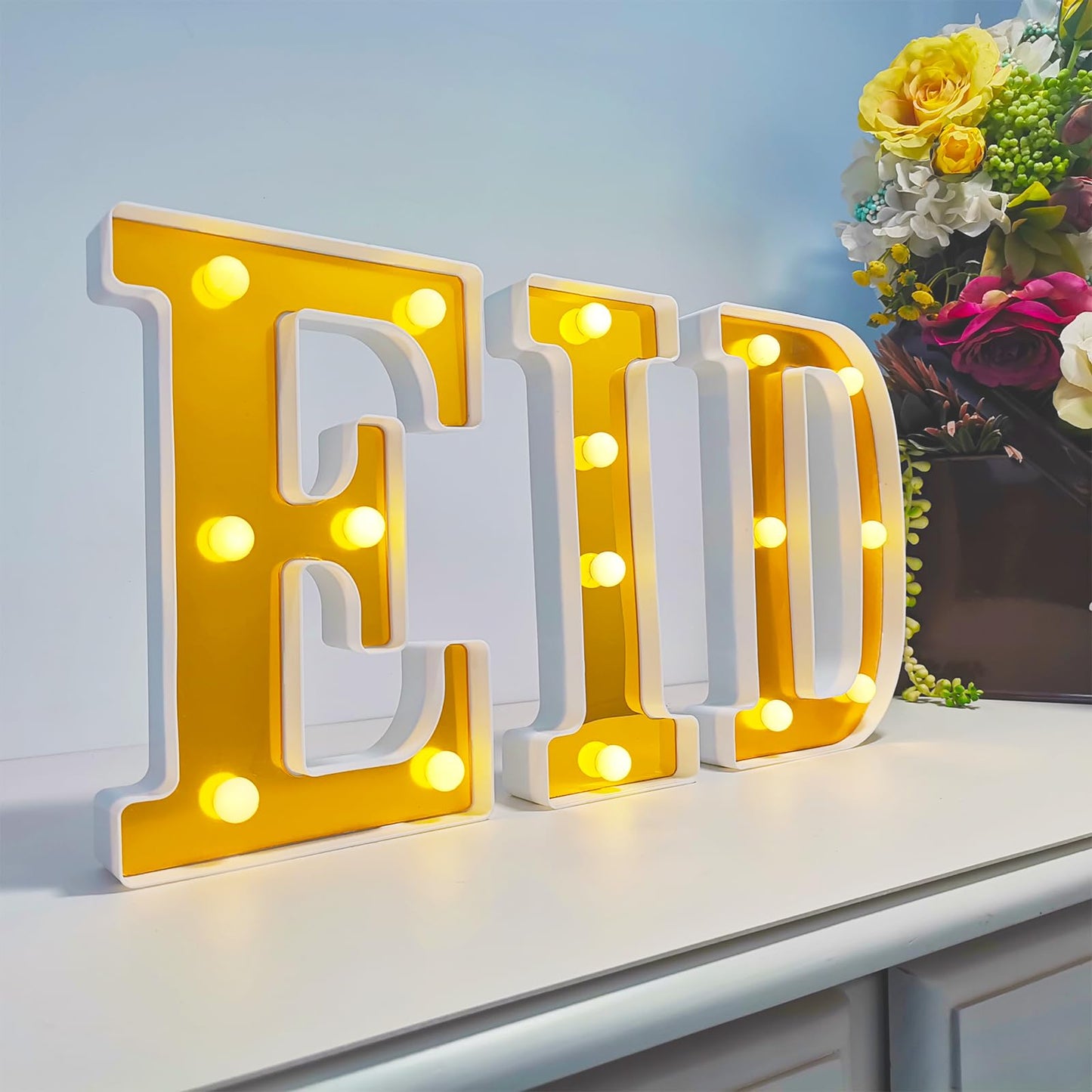 3Pcs LED EID Light Up Letters, Battery-Powered Letters Sign Lights, Warm White Decorative Night Lights for Party Home Wall Table Decor Muslim Lights Holiday Supplies