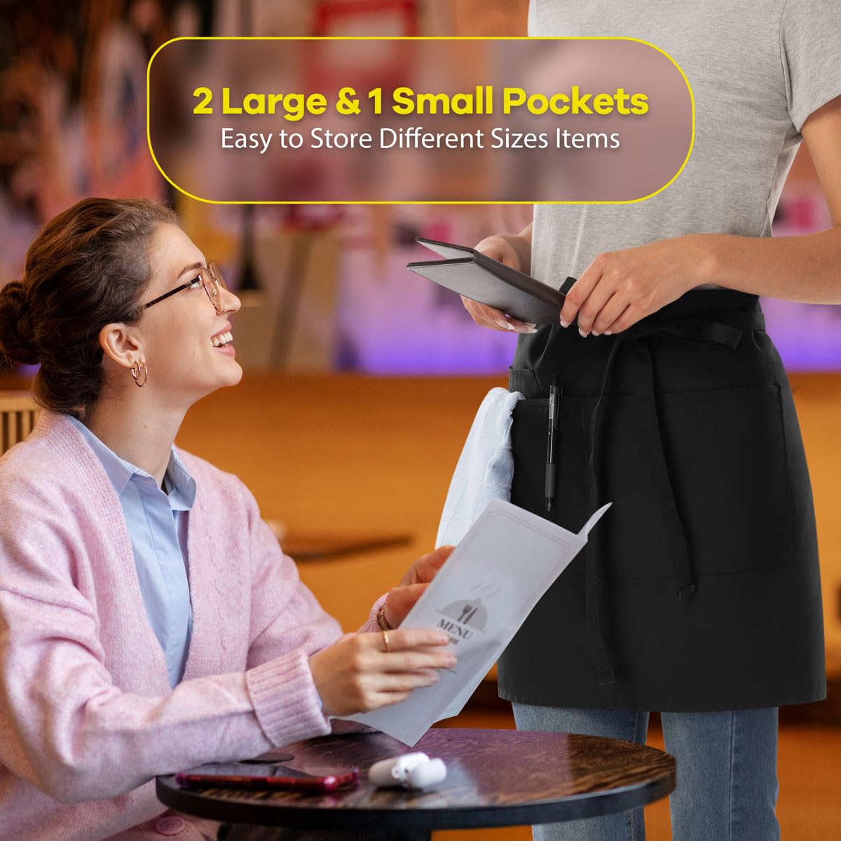 ROTANET Server Apron Black with 3 Pockets 18 Inch Long Waiter Waitress Bistro Half Waist Aprons for Women Men Waterproof