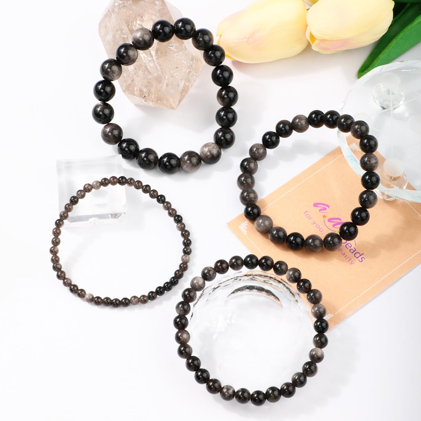 AD Beads 4mm Handmade Silver Obsidian Elastic Bracelet – Natural Gemstone for Protection – Meditation, Yoga, Healing and Energy Gift for Men Women