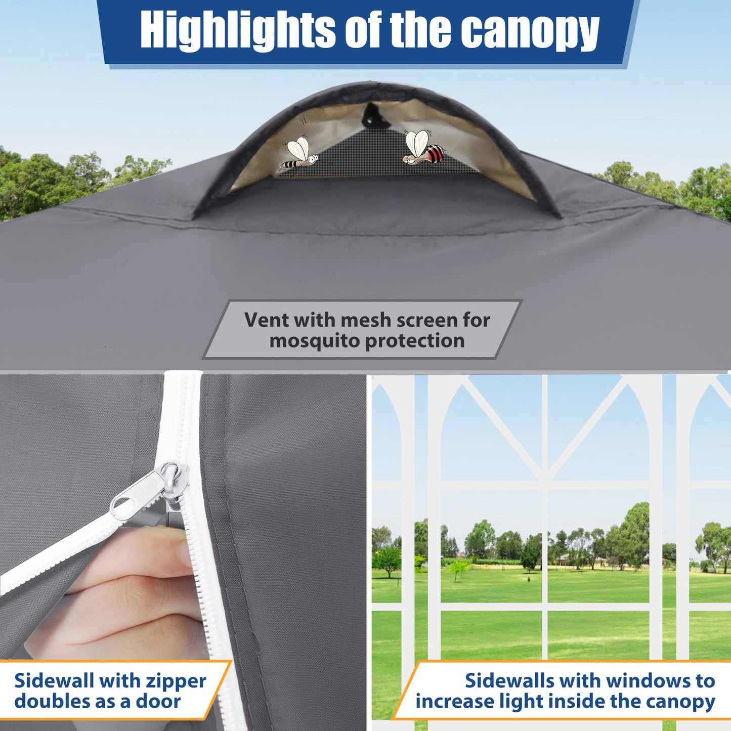 COBIZI 10x10 Pop Up Canopy Tent, One Push Outdoor Gazebo with 4 Removable Sidewalls & Air Vent, Waterproof Commercial Easy Up Adjustable Canopy with 4 Sandbags, 4 Stakes & 8 Ropes for Party,Grey