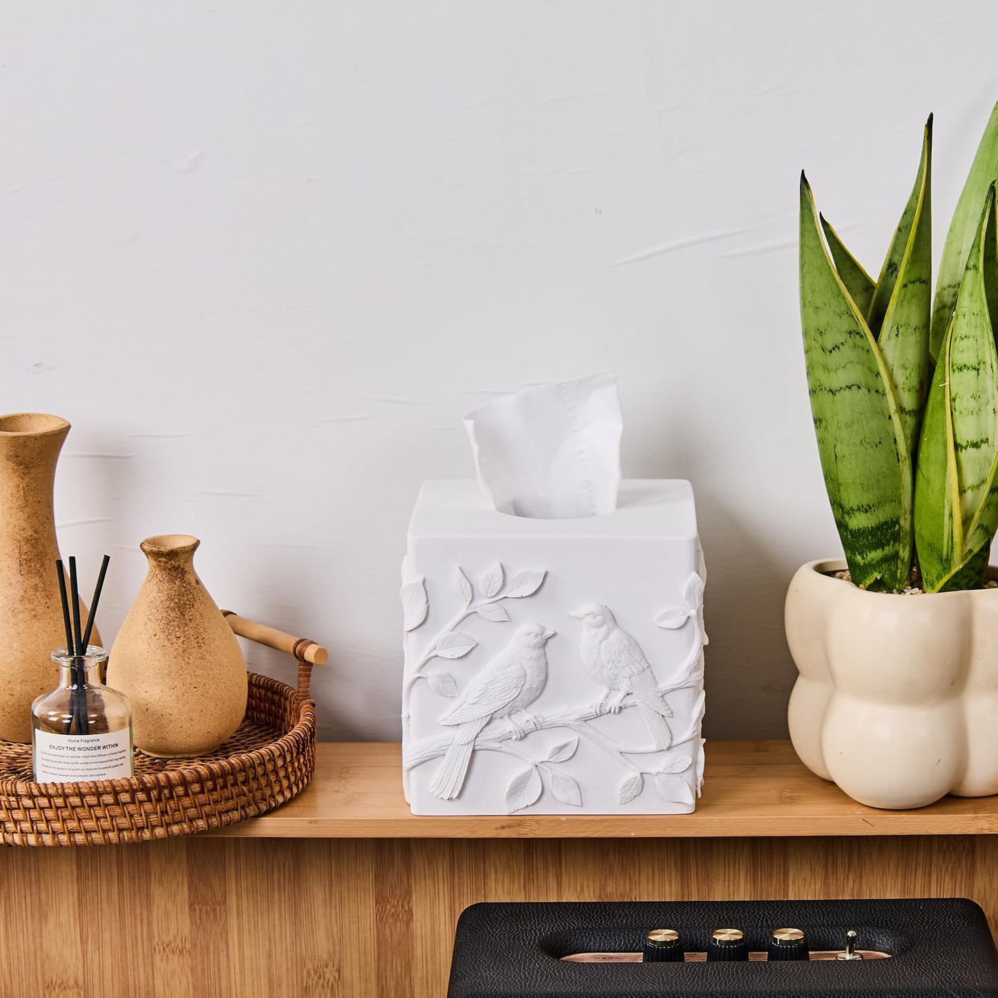 White Marble Relief Birds Square Tissue Box Cover Decorative,Resin Heavy Sturdy Tissue Box Holder, Facial Paper Holder for Bathroom Vanity Countertop, Bedroom Night Stand,Office and End Table