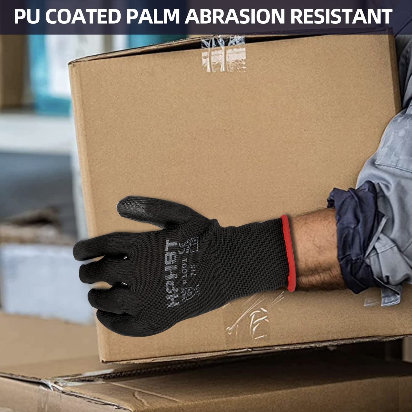 HPHST PU Coated Safety Work Gloves, 12 Pairs, Black, X-Large