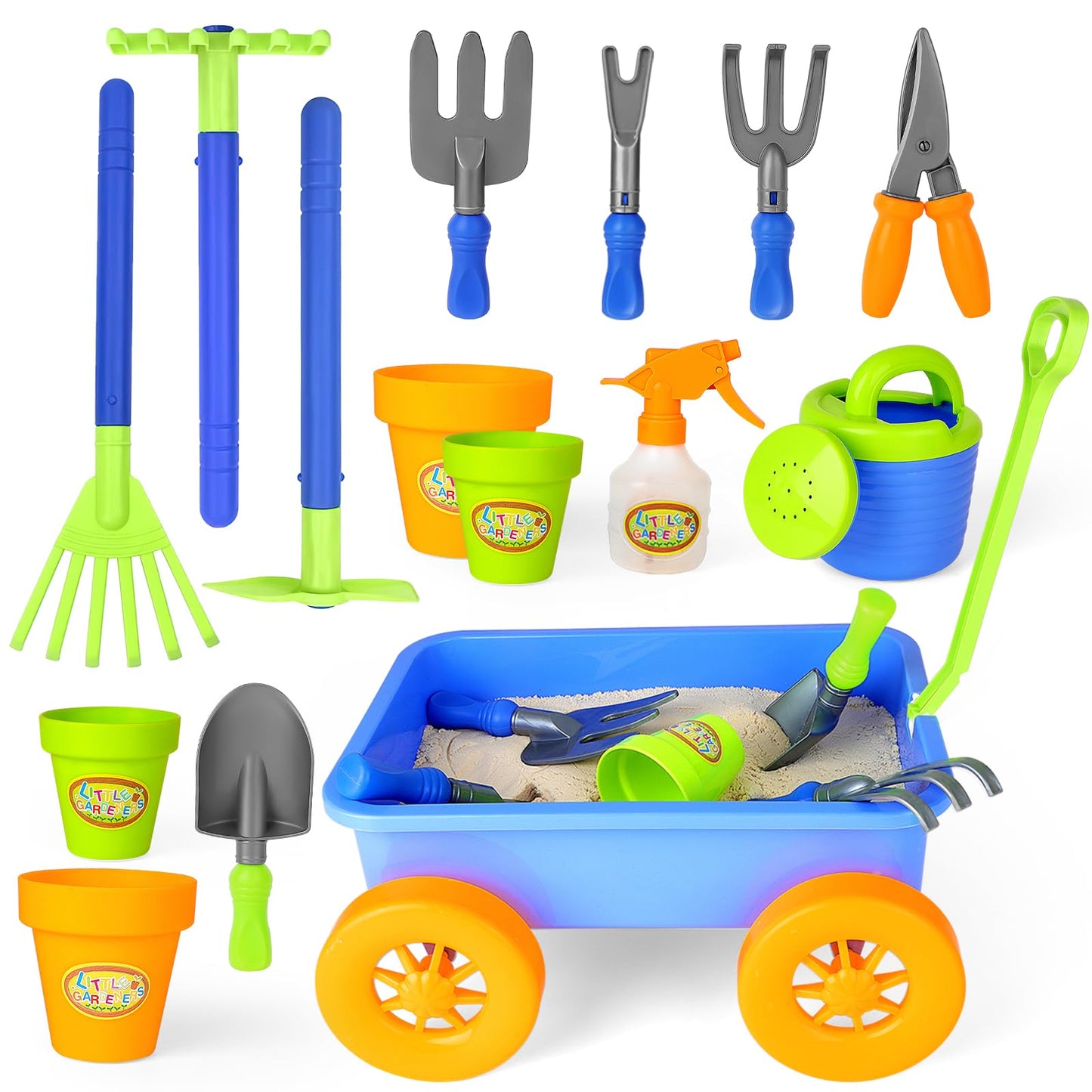 deAO Kids Garden Wagon Wheelbarrow and Gardening Tools Play Set Includes 10 Accessories and 4 Plant Pots,Great Outdoor Toddler Toys Kids Gardening Set