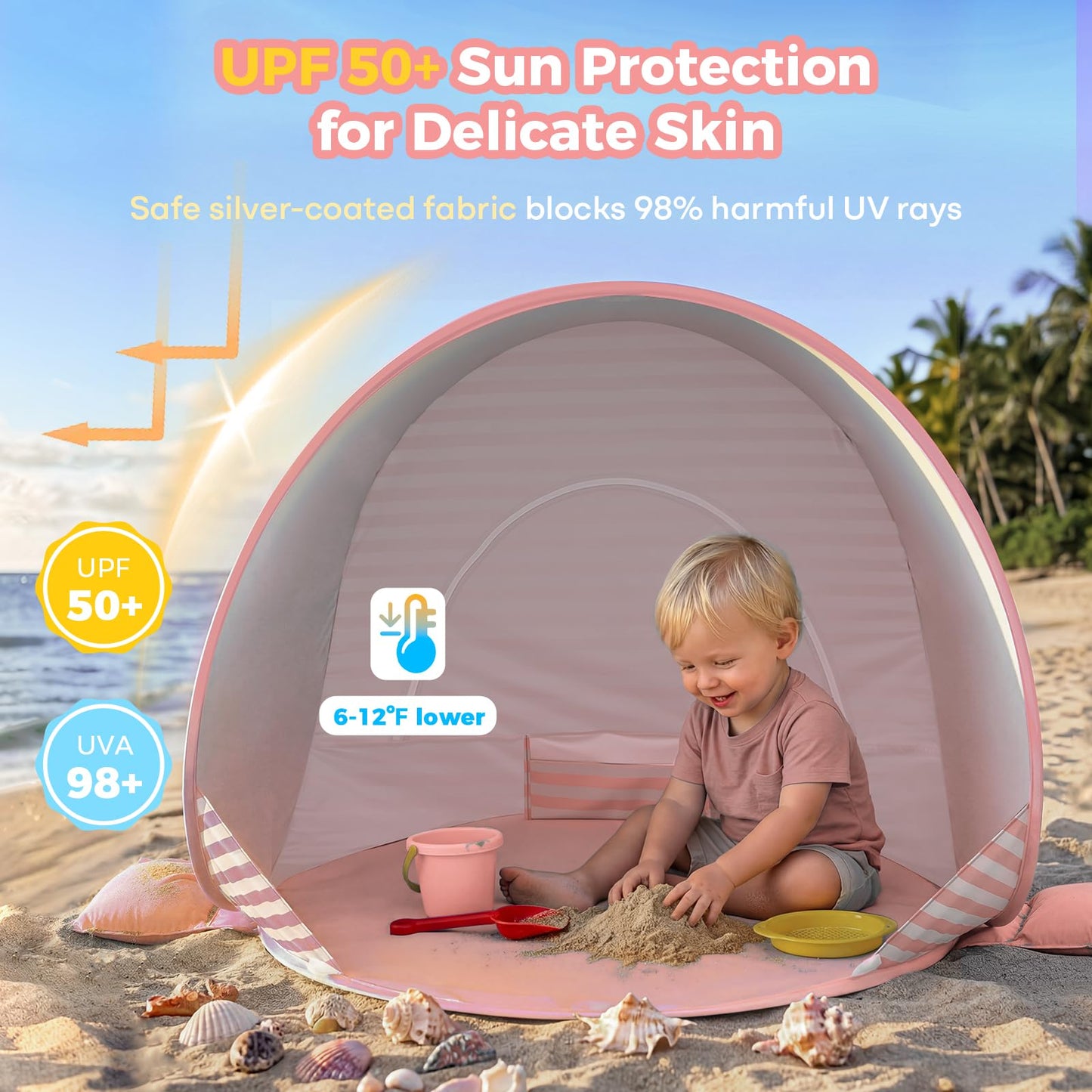 Gorich Pop Up Baby Beach Tent with UPF50+ UV Protection, Portable Toddler Sun Shelter with Mesh Ventilation, Lightweight & Foldable Play Shade Tent for Beach, Park & Backyard