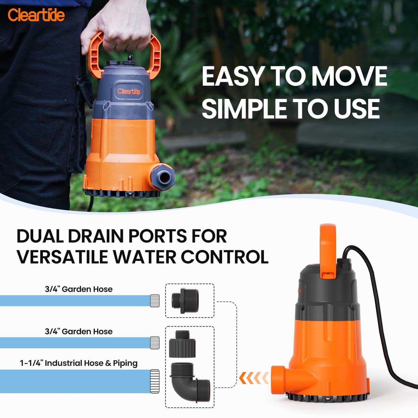 Cleartide Submersible Sump Pump, 1/2 HP Utility Water Pump for Pool Draining, Hot Tub, Basement, Electric Drain Pump Handles 3/8" Solids, 10 FT Cord