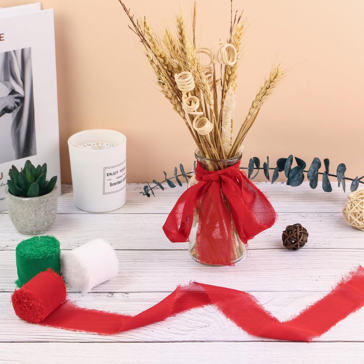3 Rolls Christmas Chiffon Ribbon 1.5" X 7yd, Handmade Fringe Chiffon Silk Ribbon Red Green White Ribbons Set for Gifts Wrapping, Wedding Invitations, Bridal Bouquets, DIY Crafts, Christmas