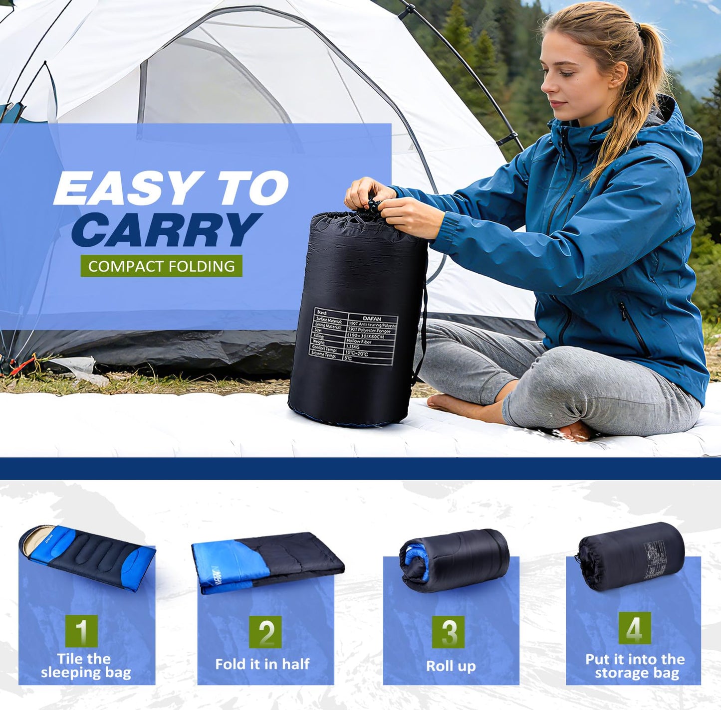 Lightweight Sleeping Bag for Adults, 3-Season Waterproof Backpacking Sleeping Bags with Compression Sack, Comfort Temp 50–68°F, Portable Camping Essential Gear for Travel, Hiking, Outdoor, Indoor