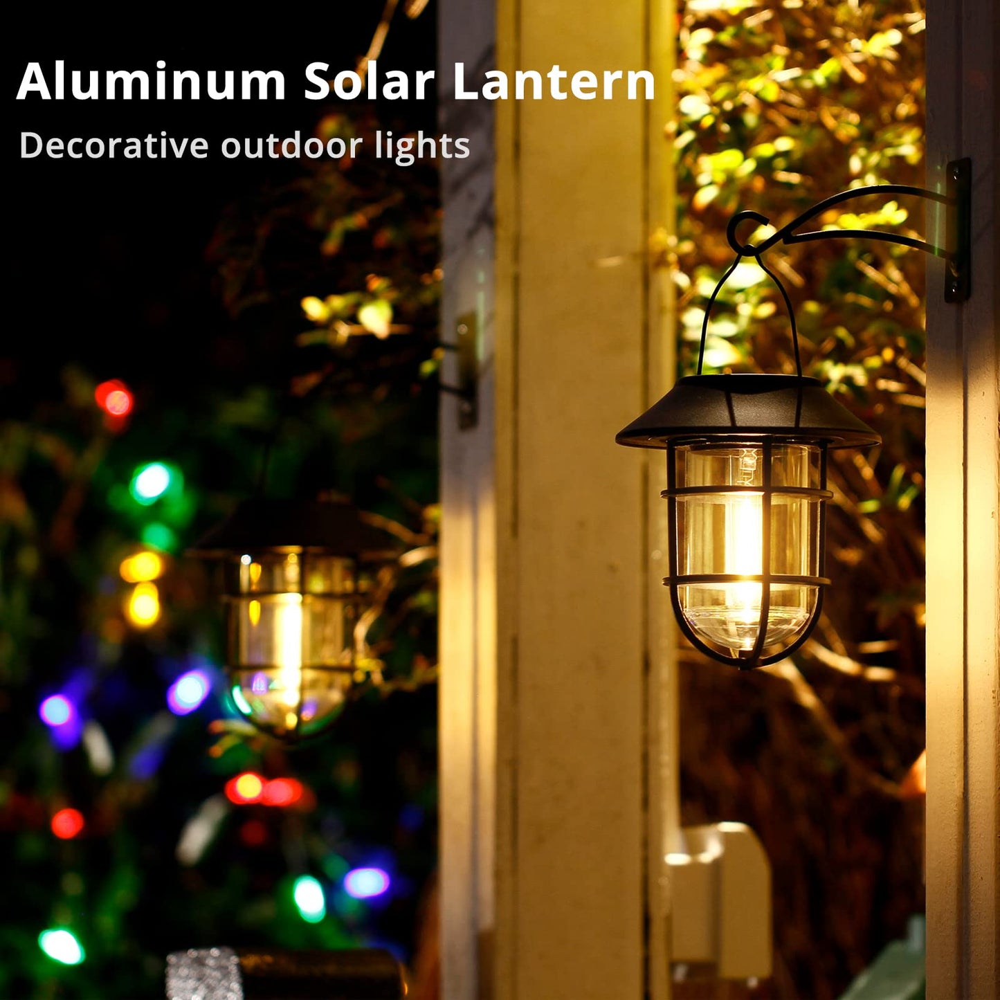 Solar Lantern Hanging Solar Lights Outdoor, Waterproof Metal Wall Lantern with Hooks, Outdoor Wall Lights for Porch, Patio Yard Garden Decor, No Wiring Required, 2 Pack