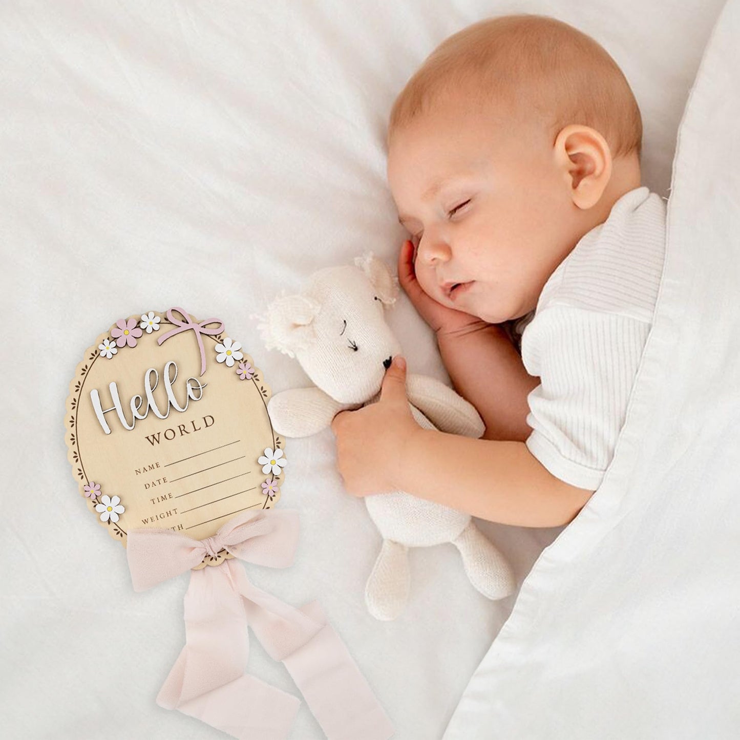 TTMerriwood Baby Announcement Sign with Stand & Marker – Hello World Wooden Name Plaque for Newborn Photoshoot, Baby Shower, Rustic Keepsake Birth Stat Sign for Hospital Birth Announcement (Light pink ribbon)
