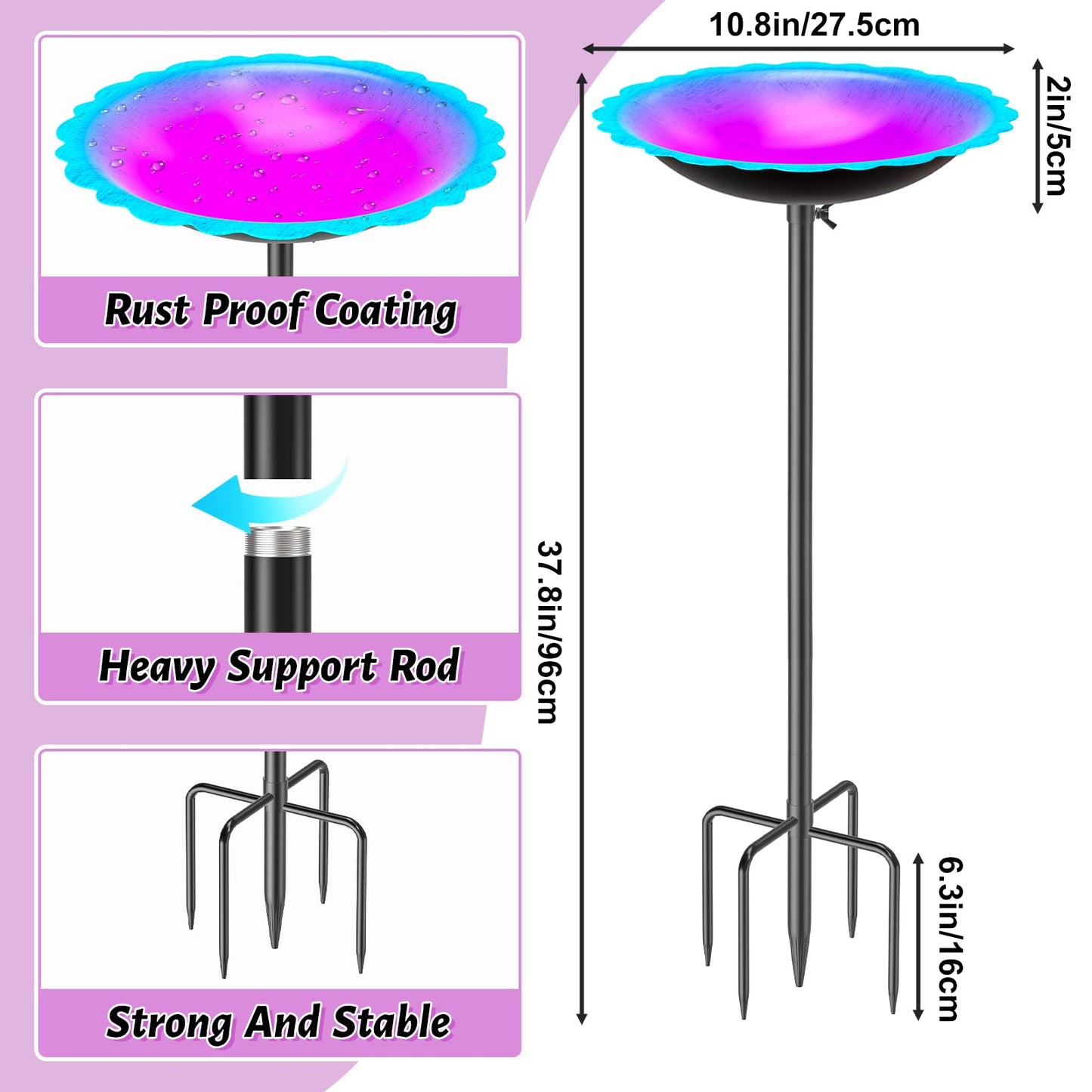 MeyRoliz Metal Bird Bath for Outside, Detachable Birdbath Birdfeeder Bowl, Freestanding Birdfeeders Bird Bath Bowl for Garden (Blue-Purple)