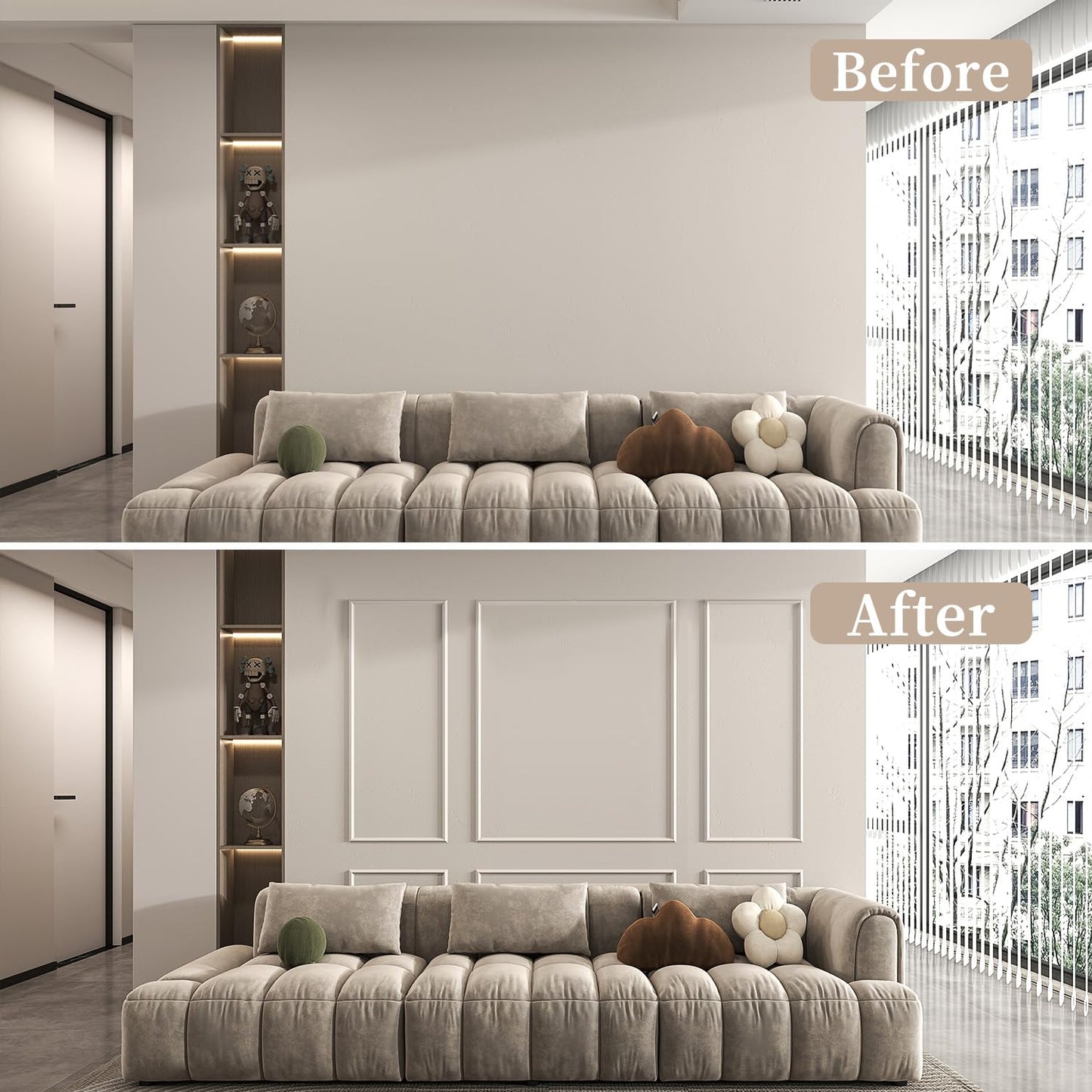 JBER Peel and Stick Wall Molding Kit of 6 pcs, Pre-Cut Wall Molding Ready-to-Assemble Wainscoting Panels, 3D Wall Trim Molding for Interior Wall Décor Living Room Bedroom Accent Wall, 3 Top 3 Bottom