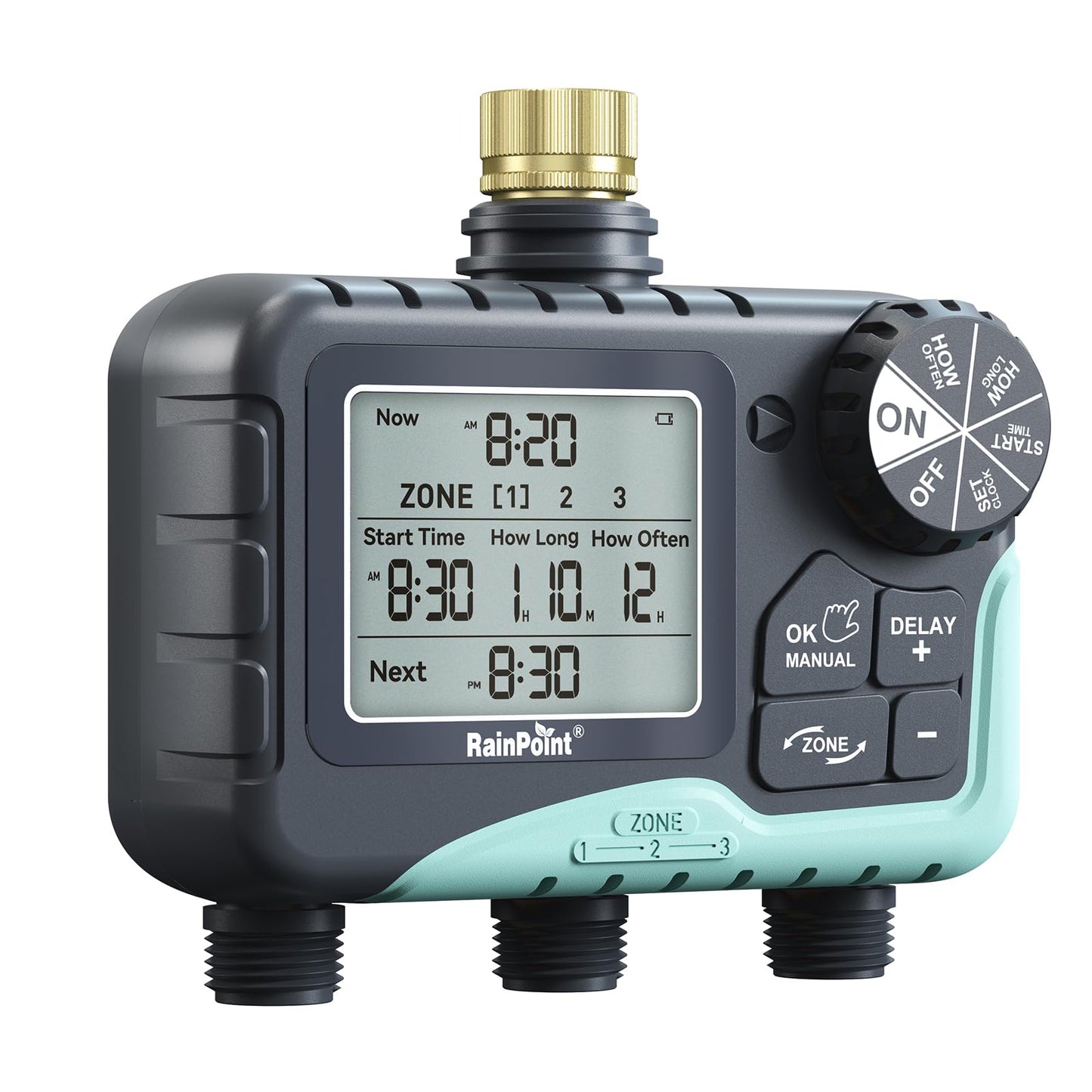 RAINPOINT 3 Zone Sprinkler Timer with Brass Inlet, Water Timer for Garden Hose,Rain Delay/Manual/Automatic Watering System, Hose,Hose Timers for Watering with IP65 Waterproof, Large LCD for Yard